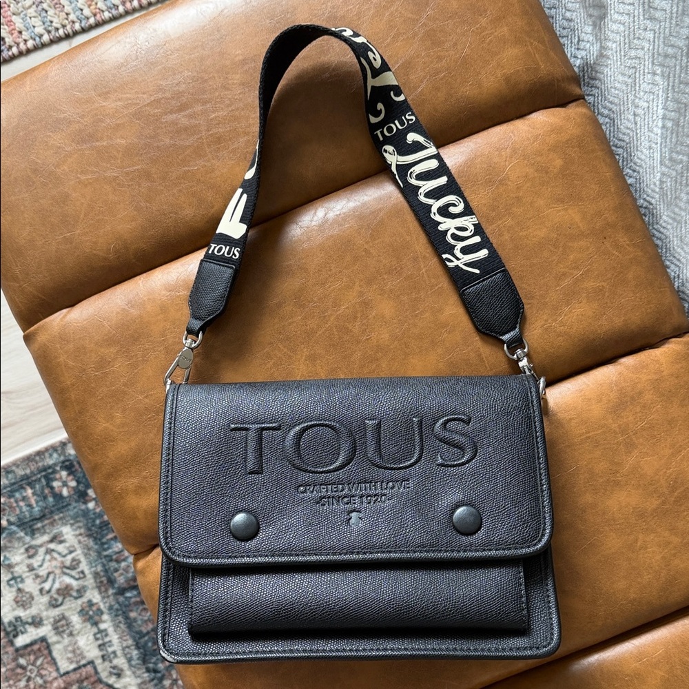 TOUS Black Textured Leather Messenger Bag with Branded Strap
